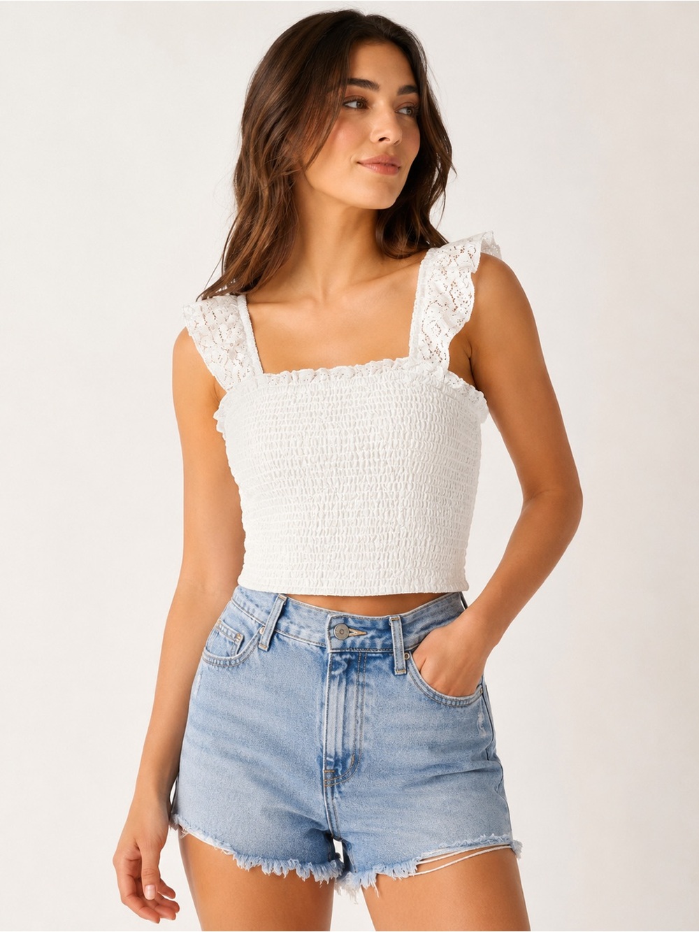 Kirious Los Angeles White Smocked Lace Crop Top Size L NWT